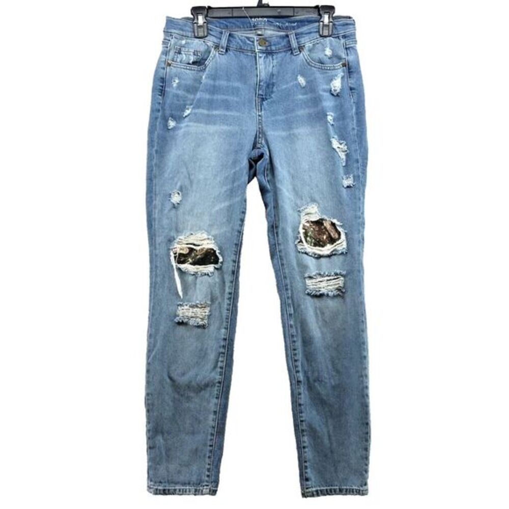 NY&C SOHO Distressed‎ Curvy Boyfriend Stretch Denim Jeans Size 8 Women Patched